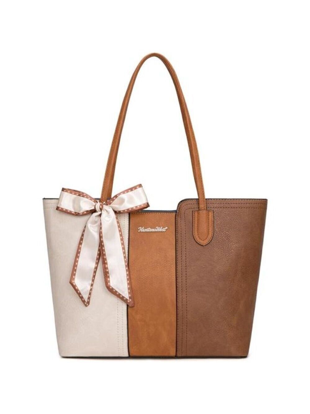 Montana West Medium Tote Bag Brown & Beige Vegan Leather Top Handle Satchel
